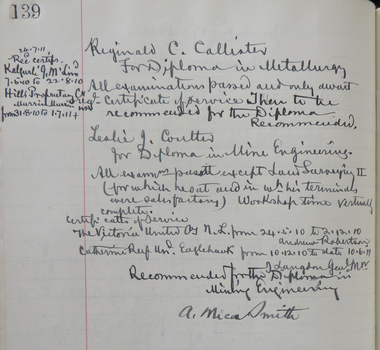 Handwritten page in Ballarat School of Mines Examiners Minute Book