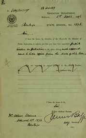 Document - correspondence, Education Department, Victoria: Notice of Appointment - A Steane, 1896, 02/09/1896