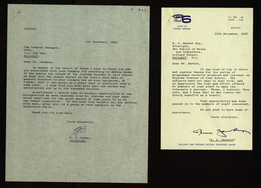 Correspondence, Correspondence concerning BTV6 assistance with a Ballarat School of Mines Publicity, 1966, 12/1966