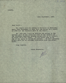 Correspondence, E.J. Barker, Letter concerning the search for a new site for the Tertiary division of the Ballarat School of Mines, 1966, 16/09/1966