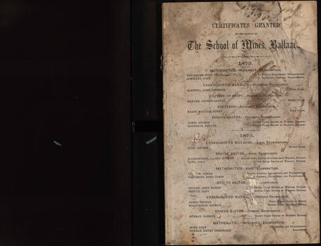 Book with informaiton on certificates granted at the Ballarat School of Mines