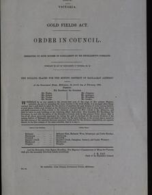 Document, Victoria Government Gold Fields Act: Order in Council: the Polling Places for the Mining District of Ballaarat altered, 1861