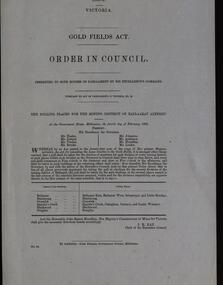 Document, Victoria Government Gold Fields Act: Order in Council: the Polling Places for the Mining District of Ballaarat altered, 1861, 1861