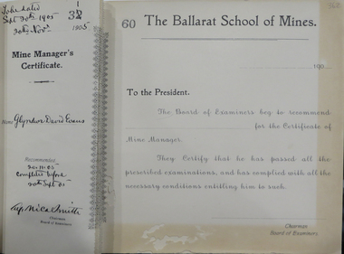 Booklet, Ballarat School of MInes Mine Manager's Certicate Book, 1912, 1912