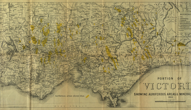 Photograph - coloured, Department of Lands and Survey, Portion of Victoria showing auriferous areas and mineral localities, 1935, 1935