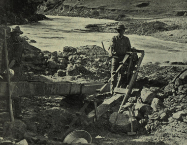 Photograph - Photograph - black and white, Sluicing in a creek bed