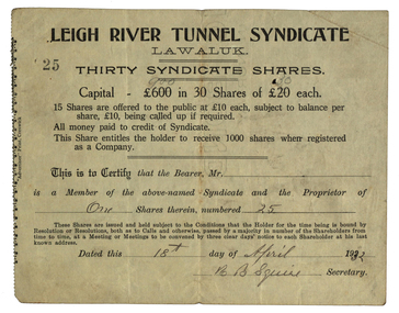 Document, Leigh River Tunnel Syndicate Share Scrip, 1932, 18/04/1932
