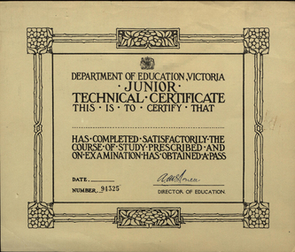 Certificate, Department of Education, Victoria - Junior Technical Certificate