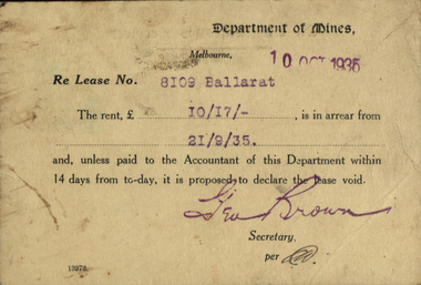 Document, Card from the Department of Mines, 1935, 10/10/1935