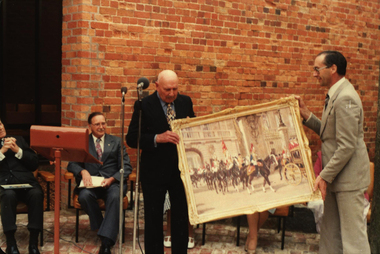 Photograph - Colour, Presentation fof Allan Bernaldo's painting "Sovereign's Escort" to the Ballarat School of Mines, 1981
