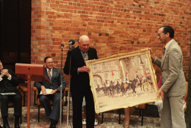 Photograph - Colour, Presentation fof Allan Bernaldo's painting "Sovereign's Escort" to the Ballarat School of Mines, 1981, 1981