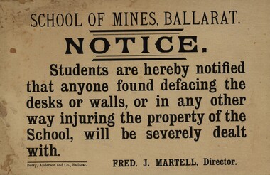 Sign, Frederick J Martell, School of Mines notice, c1895-1912