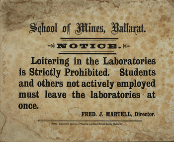 Sign, School of Mines notice, c1895-1912