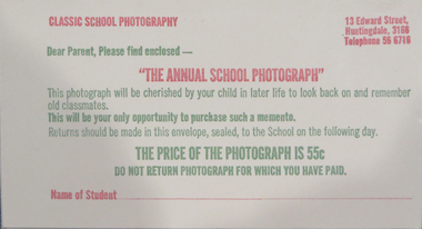 Envelope, Annual School Photograph Envelope, c1970s