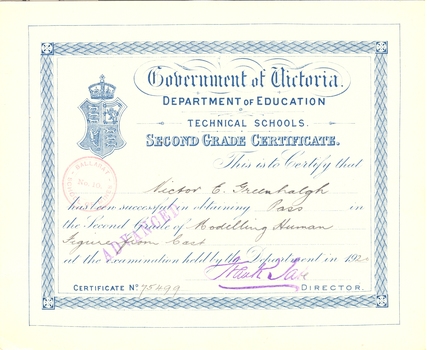 Printed Education Department Certificate for Technical Schools.
