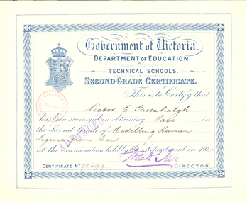 Printed Education Department Certificate for Technical Schools.