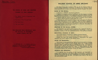 Booklet - Booklets, The School of MInes and Industries, Ballarat: The Diploma School, 1962
