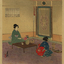 Two Japanese women with table and vase of flowers