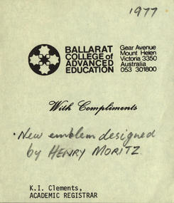 Image, Ballarat College of Advanced Education with Compliments Slip, 1977