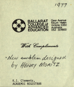 Image, Ballarat College of Advanced Education with Compliments Slip, 1977, 1977