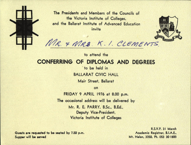 Image, Victoria Institute of Colleges and Ballarat College of Advanced Education Graduation Invitaition, 1976