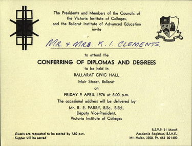 Image, Victoria Institute of Colleges and Ballarat College of Advanced Education Graduation Invitaition, 1976, 1976