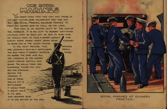 Passage about the Royal Marines and a drawing of Royal Marines at gunnery practice.