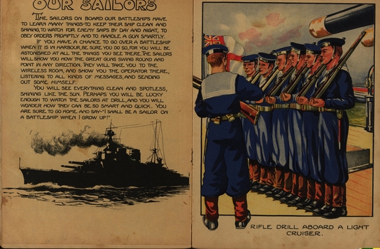 Passage about "Our Sailors and a drawing of Rifle drill aboard a light cruiser