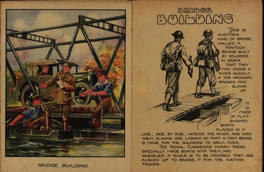 Painting of bridge building and text on bridge building