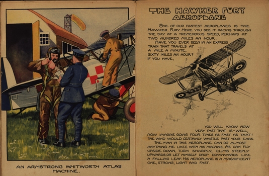 Painting of an Armstrong Whit worth Atlas Machine and text on The Hawker Fury Aeroplane