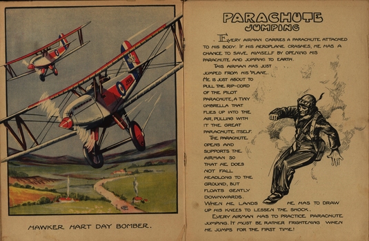 Painting of Hawker Hart Day bombers and text on parachute jumping
