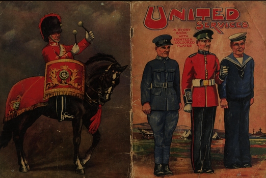 Cover of booklet with title United Services with a painting of three men in different uniforms and on the rear cover a soldier on a horse.