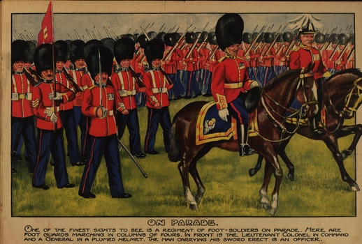 painting of regiment foot soldiers on parade,