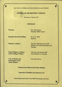 Document, Opening of the Ballarat School of Mines Brewery Complex, 1997, 1997