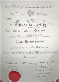 Photograph, John Collier Ballarat School of Mines Certificates, 2008
