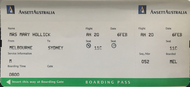 Document, Ansett Australia Boarding Pass, 1996, 1996