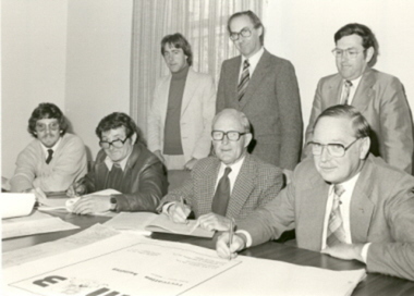 Photograph - Photograph - Black and White, Men signing papers for the construction of the Ballarat School of Mines Recreation Building, 1982