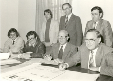 Photograph - Photograph - Black and White, Men signing papers for the construction of the Ballarat School of Mines Recreation Building, 1982, 1982