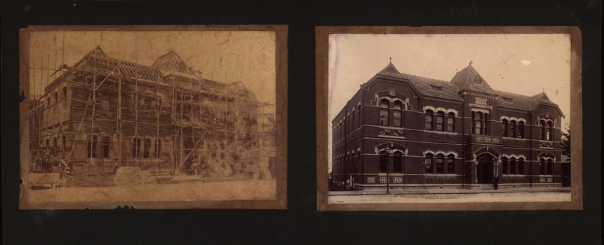 Two images of the same building. One under scaffold, one completed