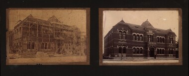 Two images of the same building. One under scaffold, one completed