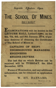 Documents, Ballarat School of Mines Examination Poster, 1873, 1973