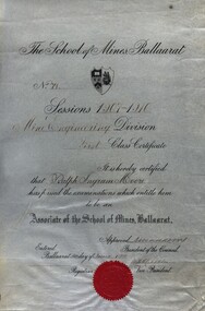 Certificate, The School of Mines, Ballaarat: Ralph Ingram Moore, 1911