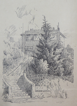 Sketch of a staircase leding to a double storey school