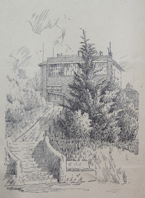 Sketch of a staircase leding to a double storey school
