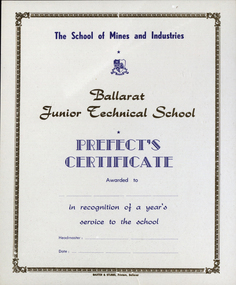 Certificate, Baxter & Stubbs, Print, Ballarat Junior Technical School Prefect's Certificate