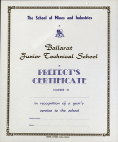 Certificate, Ballarat Junior Technical School Prefect's Certificate