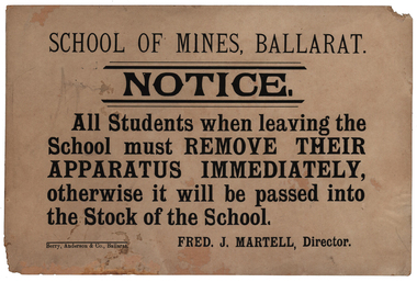 Sign, Berry, Anderson and Co, Ballarat School of Mines Notice Requesting Student to Remove Their Apparatus