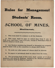 Sign, Ballarat School of Mines Rules for Management of the Students' Room