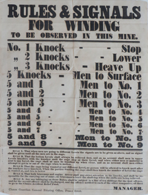 Poster, Rules & Signals For Winding to be observed in this mine, not dated