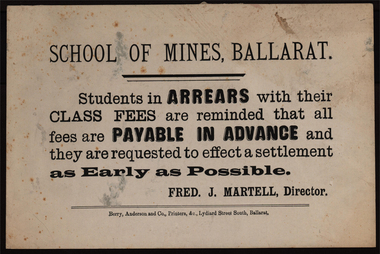 Document, Berry Anderson & Co, Ballarat School of Mines Sign